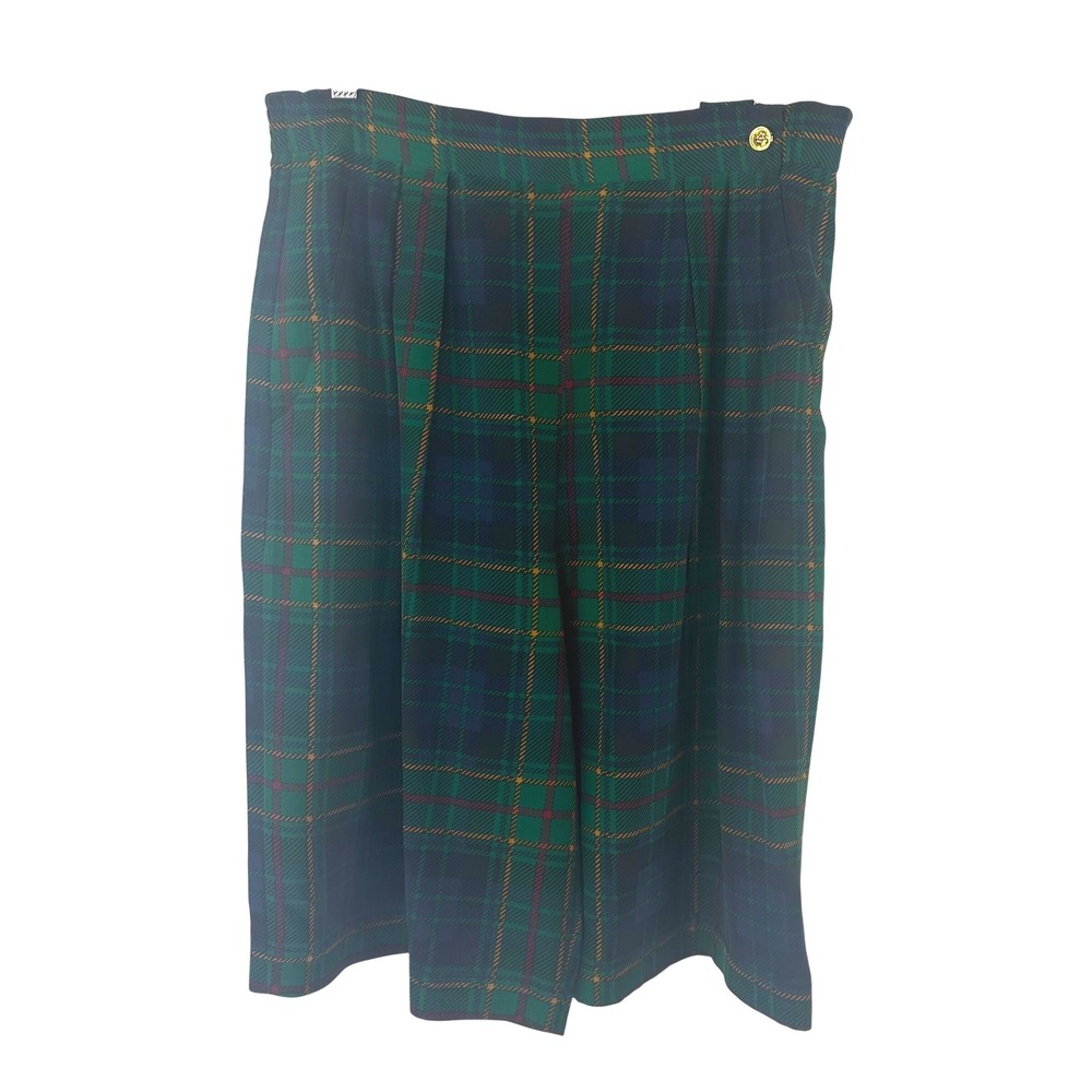 Sunny Leigh Vintage 100% Silk Plaid Shorts Green Navy High Waist Pleated Women M